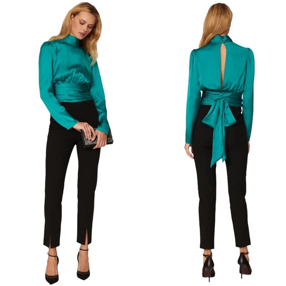 Slate & Willow Tops - Slate & Willow Green Satin Crop Top Long Sleeve Open Back Big Bow